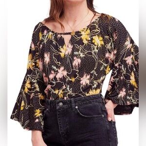 Free People | Floral Black Blouse with Bell Sleeves size S